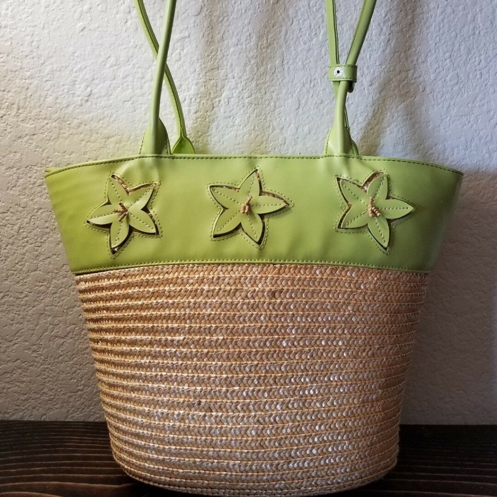 Straw Tote Bag Bath & Body Works Beach Green Tan